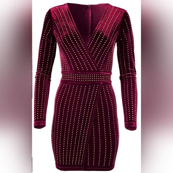 Stunning Venus S Crystal Embellished Maroon Stretch Velvet Mini Dress - Picture 6 of 11